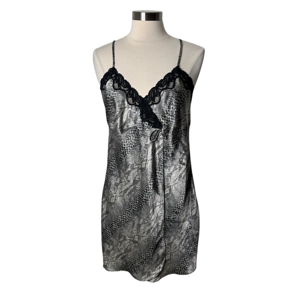 Private Luxuries Snakeskin Satin Faux Wrap Lace Trim Slip Dress Womens Large‎